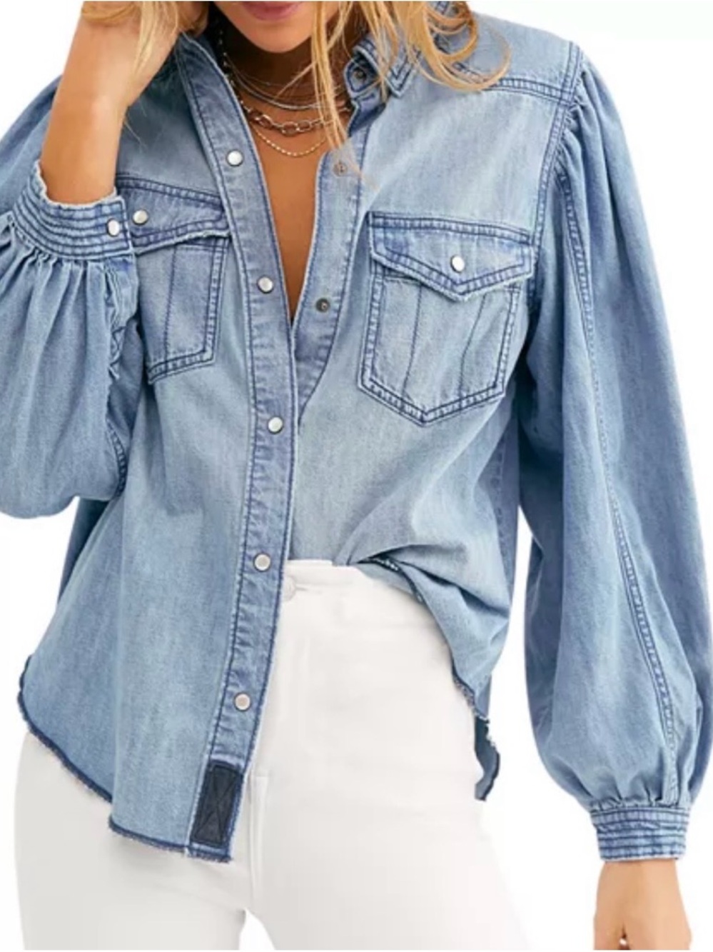 NEW We The Free Size XS With Love Denim Pearl Snap Long Sleeve Shirt Free People